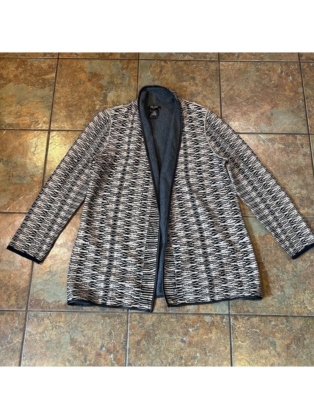 NIC+ZOE Tribal Print Open Cardigan Sz XL Black Brown Cotton/Viscose No Belt